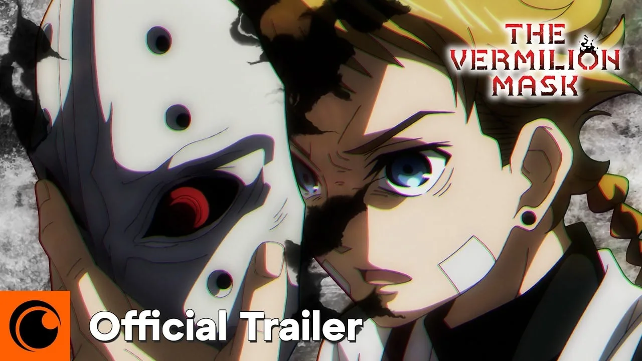 Cena do trailer oficial do anime The Vermilion Mask mostrando personagem principal com máscara vermelha