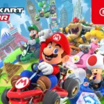 Cena oficial do jogo Mario Kart Tour com corredores em pista colorida