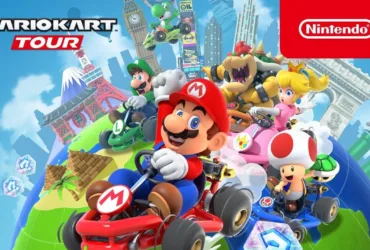 Cena oficial do jogo Mario Kart Tour com corredores em pista colorida