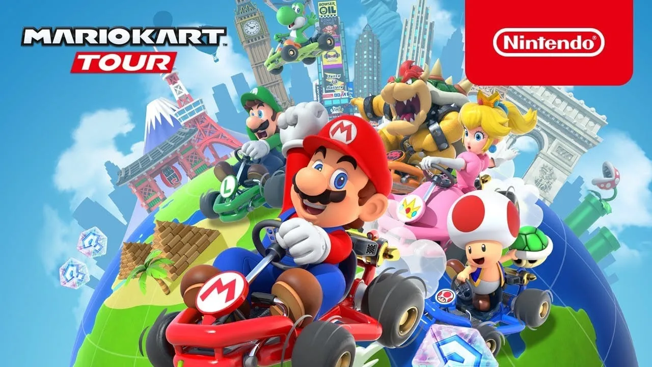 Cena oficial do jogo Mario Kart Tour com corredores em pista colorida
