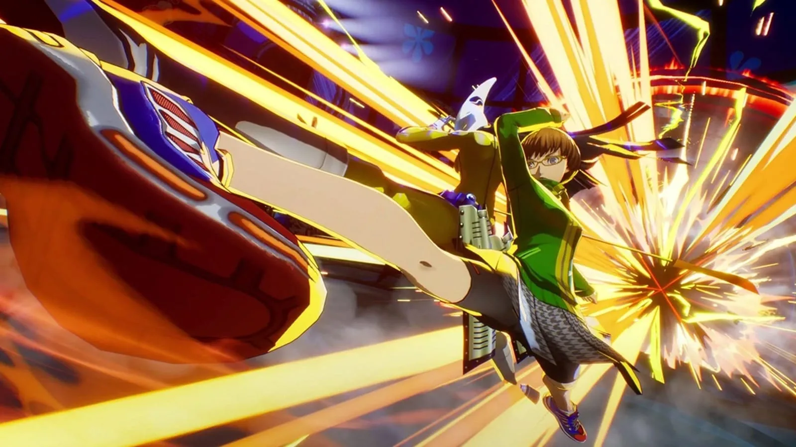 Chie Satonaka em Persona 4 Revival mostrando sua aparência e combate com Persona Tomoe