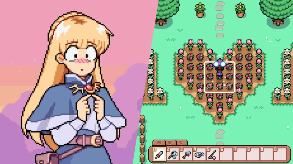 Gameplay de jogo farm sim alternativo a Stardew Valley mostrando cultivo e personagens