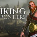 Gameplay e arte oficial do jogo Viking Frontiers mostrando cenário viking