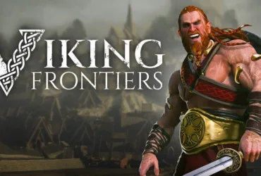 Gameplay e arte oficial do jogo Viking Frontiers mostrando cenário viking