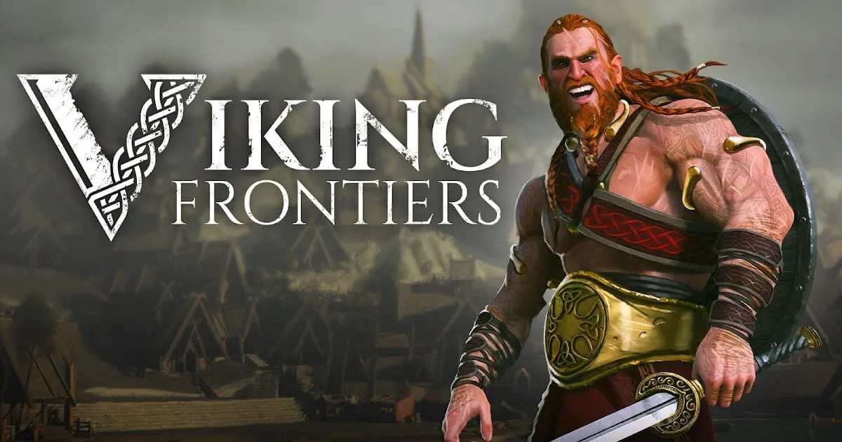 Gameplay e arte oficial do jogo Viking Frontiers mostrando cenário viking