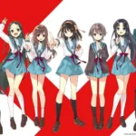 Ilustração oficial da exposição de 20 anos do anime Haruhi Suzumiya com membros da SOS Brigade