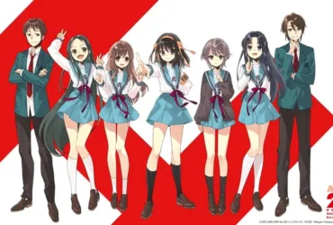 Ilustração oficial da exposição de 20 anos do anime Haruhi Suzumiya com membros da SOS Brigade