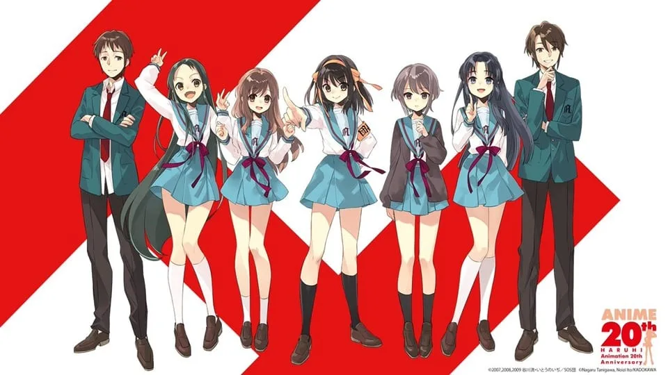 Ilustração oficial da exposição de 20 anos do anime Haruhi Suzumiya com membros da SOS Brigade