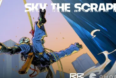 Ilustração oficial do jogo Sky The Scraper em Nintendo Switch mostrando personagem em arranha-céu