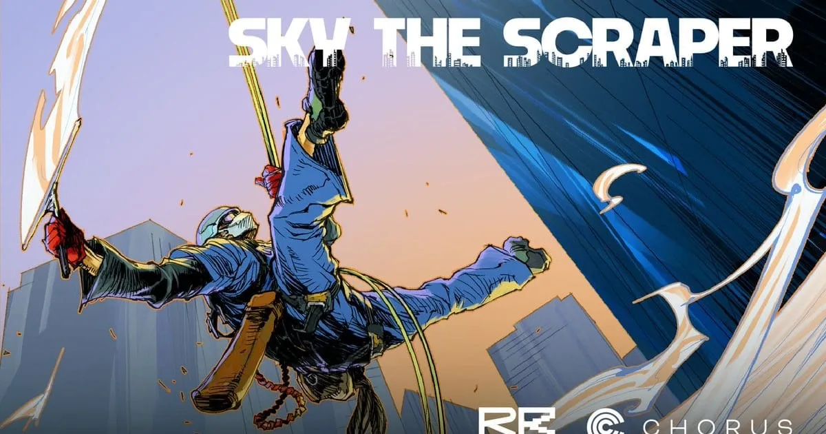 Ilustração oficial do jogo Sky The Scraper em Nintendo Switch mostrando personagem em arranha-céu