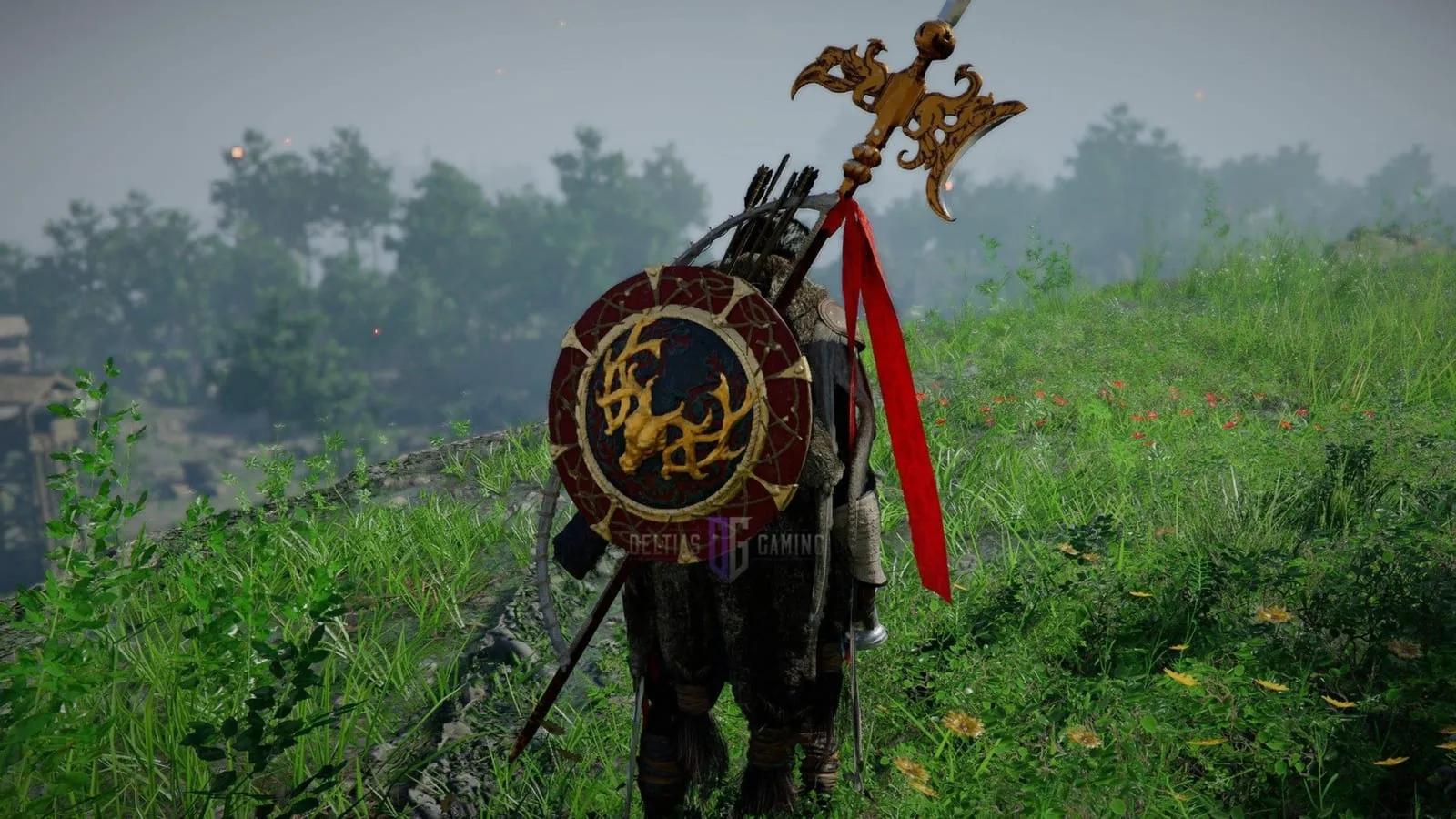 Imagem de gameplay de Crimson Desert mostrando escudos e personagens
