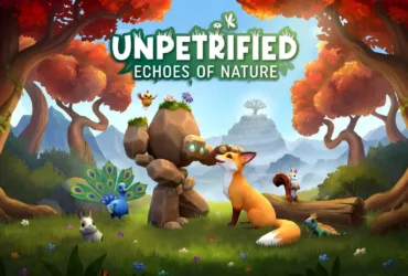 Imagem do jogo Unpetrified: Echoes of Nature mostrando o golem de pedra e a raposa