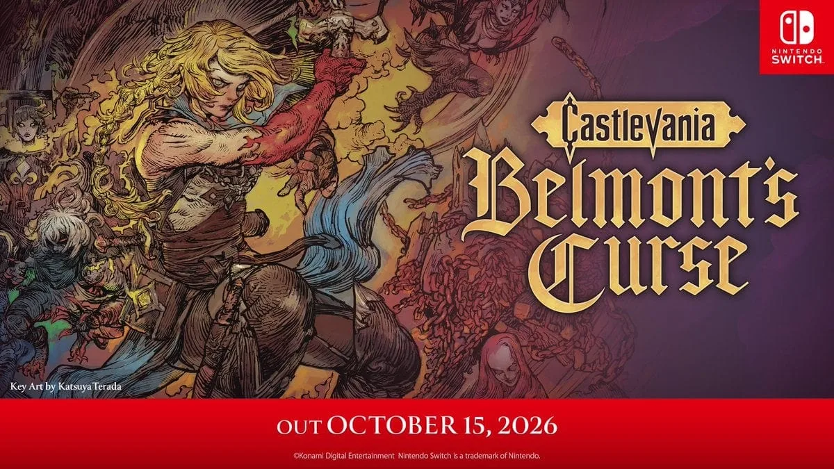 Imagem oficial de Castlevania: Belmont’s Curse para Nintendo Switch mostrando Trevor Belmont com seu chicote Vampire Killer