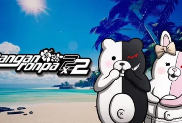 Imagem oficial de Danganronpa 2x2 mostrando personagens e ambiente da ilha