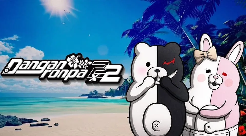 Imagem oficial de Danganronpa 2x2 mostrando personagens e ambiente da ilha
