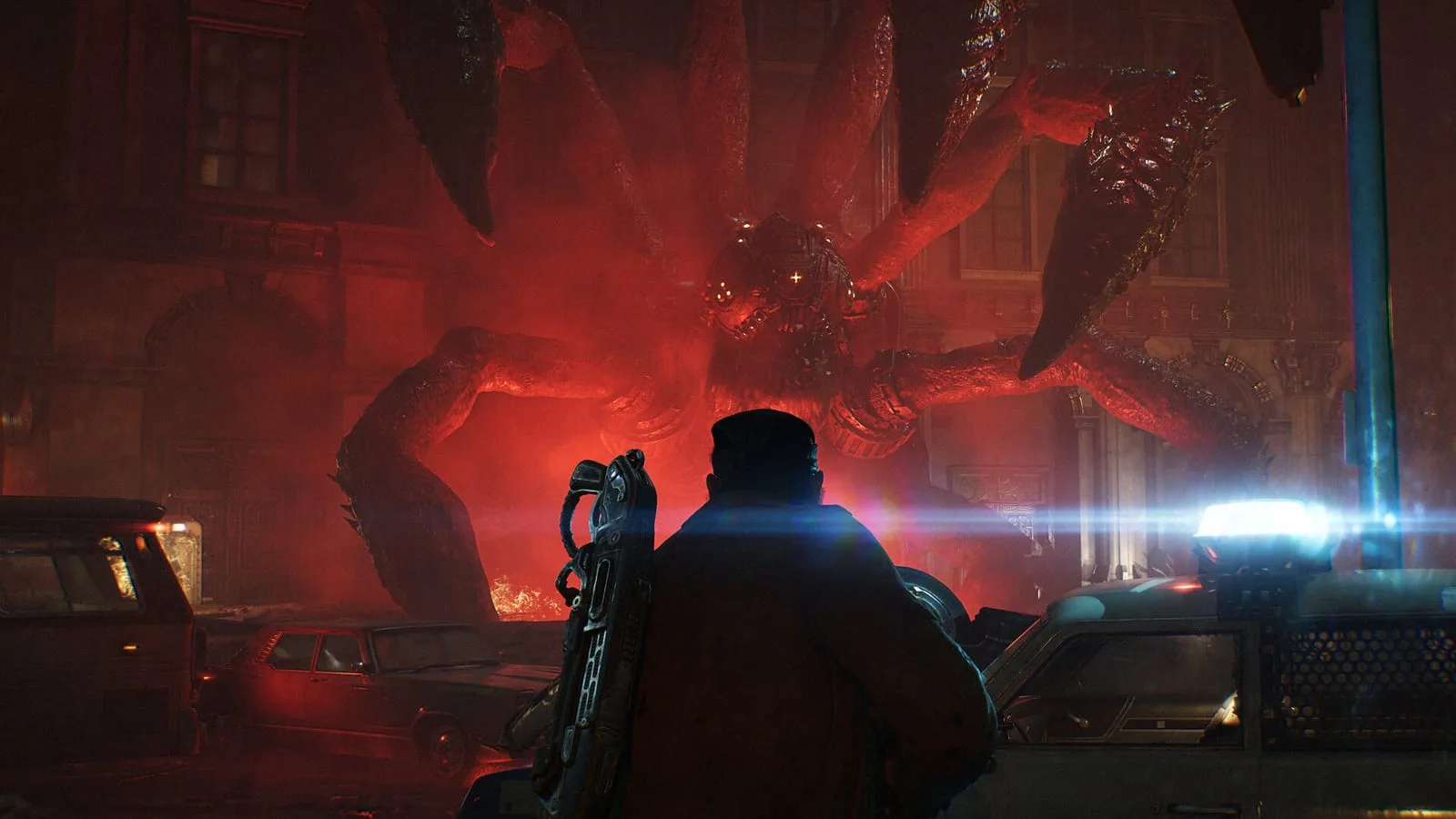 Imagem oficial de Gears of War: E-Day mostrando personagem em combate com efeitos de luz realistas