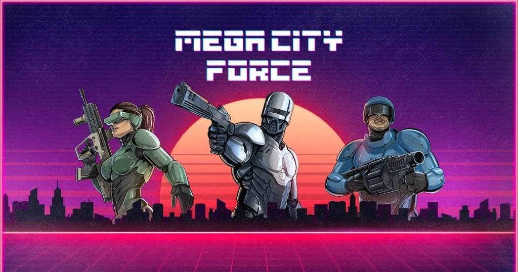 Imagem oficial de Mega City Force mostrando cenário e personagem em ação no Nintendo Switch