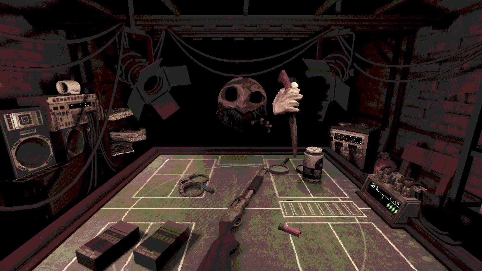 Imagem oficial do jogo Buckshot Roulette mostrando personagem em ação no Xbox
