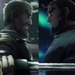 Montagem de Vinland Saga mostrando Thorfinn criança ao lado de Thors e, em outro momento, Thorfinn adolescente ao lado de Askeladd, sugerindo dois “pais” opostos: um pai biológico que tenta quebrar o ciclo de violência e um mentor violento que molda o trauma e a raiva do garoto.