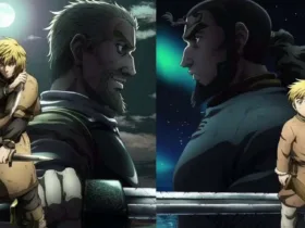 Montagem de Vinland Saga mostrando Thorfinn criança ao lado de Thors e, em outro momento, Thorfinn adolescente ao lado de Askeladd, sugerindo dois “pais” opostos: um pai biológico que tenta quebrar o ciclo de violência e um mentor violento que molda o trauma e a raiva do garoto.