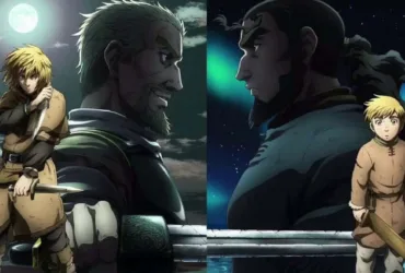 Montagem de Vinland Saga mostrando Thorfinn criança ao lado de Thors e, em outro momento, Thorfinn adolescente ao lado de Askeladd, sugerindo dois “pais” opostos: um pai biológico que tenta quebrar o ciclo de violência e um mentor violento que molda o trauma e a raiva do garoto.