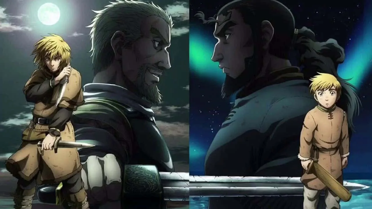 Montagem de Vinland Saga mostrando Thorfinn criança ao lado de Thors e, em outro momento, Thorfinn adolescente ao lado de Askeladd, sugerindo dois “pais” opostos: um pai biológico que tenta quebrar o ciclo de violência e um mentor violento que molda o trauma e a raiva do garoto.