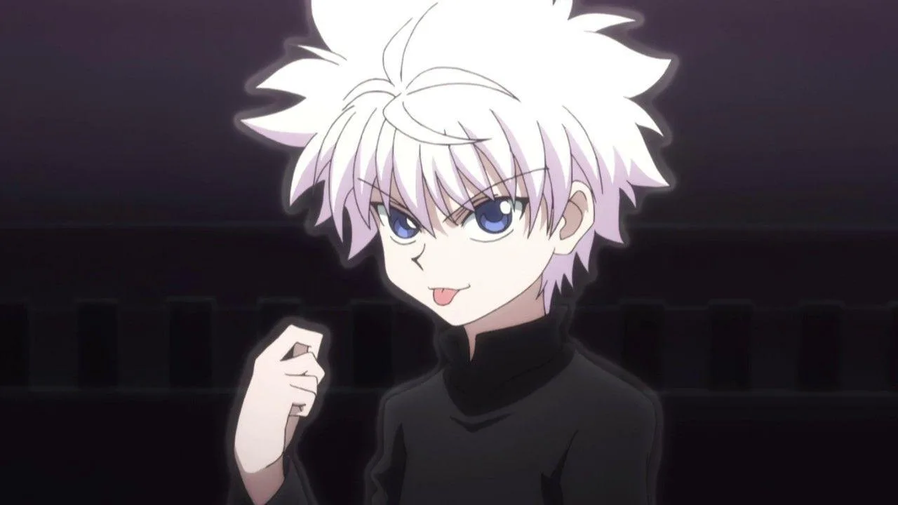 Imagem do Killua Zoldyck, personagem de Hunter x Hunter, em close, com cabelo branco e olhar confiante, usando roupa escura; fundo desfocado em tons escuros, sugerindo um clima de tensão e foco.