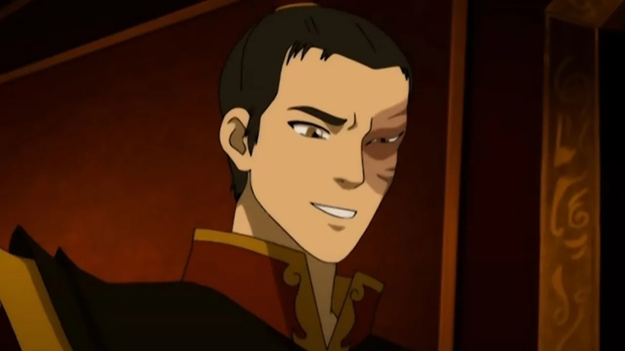 Close do Zuko (Avatar: A Lenda de Aang), com a cicatriz no rosto, expressão séria e vulnerável, em um ambiente interno de tons quentes, como se estivesse prestes a ter uma conversa difícil.