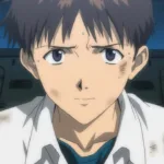 Close no rosto de Shinji Ikari (Neon Genesis Evangelion), com expressão tensa e suada, sentado e olhando para a frente, sugerindo ansiedade e dificuldade de se abrir para o afeto.