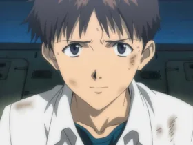 Close no rosto de Shinji Ikari (Neon Genesis Evangelion), com expressão tensa e suada, sentado e olhando para a frente, sugerindo ansiedade e dificuldade de se abrir para o afeto.