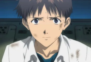 Close no rosto de Shinji Ikari (Neon Genesis Evangelion), com expressão tensa e suada, sentado e olhando para a frente, sugerindo ansiedade e dificuldade de se abrir para o afeto.