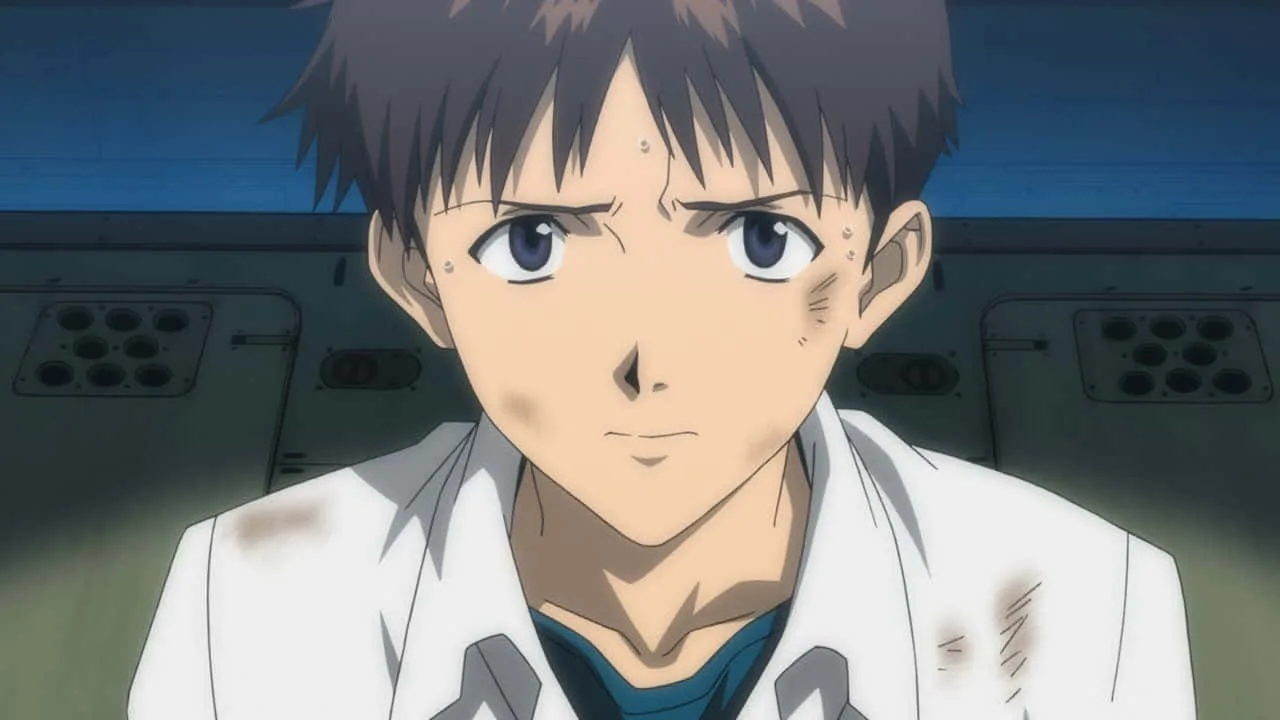 Close no rosto de Shinji Ikari (Neon Genesis Evangelion), com expressão tensa e suada, sentado e olhando para a frente, sugerindo ansiedade e dificuldade de se abrir para o afeto.