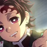 Close do Tanjiro Kamado (Demon Slayer/Kimetsu no Yaiba), sorrindo com expressão gentil, com a cicatriz na testa e brincos hanafuda visíveis, estendendo a mão em primeiro plano, com luz quente ao fundo.