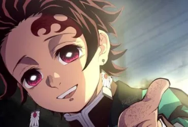 Close do Tanjiro Kamado (Demon Slayer/Kimetsu no Yaiba), sorrindo com expressão gentil, com a cicatriz na testa e brincos hanafuda visíveis, estendendo a mão em primeiro plano, com luz quente ao fundo.