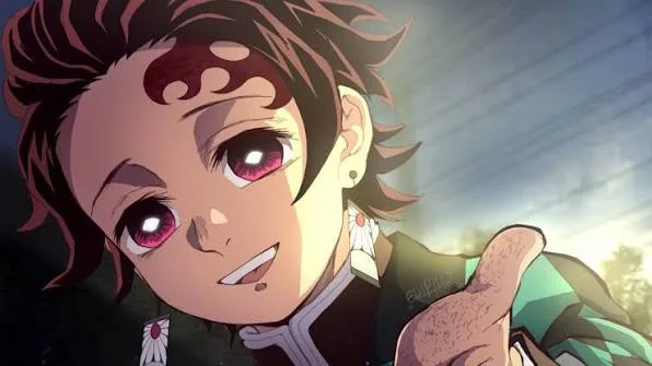 Close do Tanjiro Kamado (Demon Slayer/Kimetsu no Yaiba), sorrindo com expressão gentil, com a cicatriz na testa e brincos hanafuda visíveis, estendendo a mão em primeiro plano, com luz quente ao fundo.