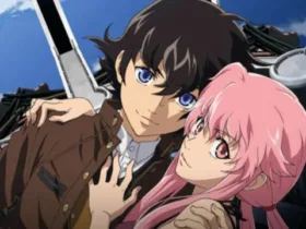 Cena de anime com um garoto de cabelo castanho abraçando uma garota de cabelo rosa, ambos com expressão séria, em um cenário destruído com janelas quebradas ao fundo — imagem que evoca proteção, dependência e controle.