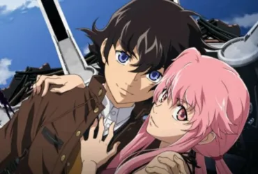 Cena de anime com um garoto de cabelo castanho abraçando uma garota de cabelo rosa, ambos com expressão séria, em um cenário destruído com janelas quebradas ao fundo — imagem que evoca proteção, dependência e controle.