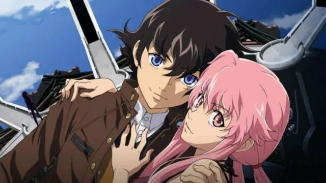 Cena de anime com um garoto de cabelo castanho abraçando uma garota de cabelo rosa, ambos com expressão séria, em um cenário destruído com janelas quebradas ao fundo — imagem que evoca proteção, dependência e controle.