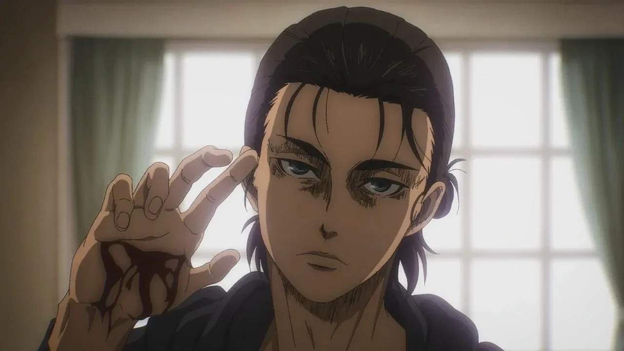 Close do personagem Eren Yeager, com expressão séria e cansada, levantando a mão com marcas de sangue enquanto encara a frente, sugerindo a transformação de alguém que jurava odiar a violência em alguém capaz de atravessar a mesma linha.