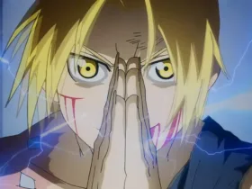 Edward Elric, protagonista de Fullmetal Alchemist: Brotherhood, aparece com as mãos juntas, pronto para realizar sua última transmutação. A expressão concentrada e o gesto característico da alquimia destacam o peso emocional de sua decisão final.