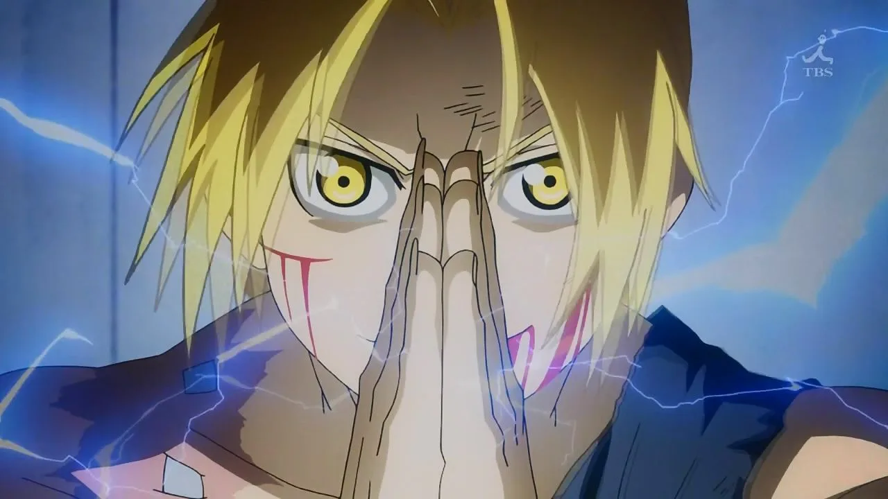 Edward Elric, protagonista de Fullmetal Alchemist: Brotherhood, aparece com as mãos juntas, pronto para realizar sua última transmutação. A expressão concentrada e o gesto característico da alquimia destacam o peso emocional de sua decisão final.