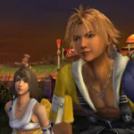 Tidus aparece em primeiro plano ao lado de Yuna em uma paisagem de Spira durante o entardecer, com um veículo colorido ao fundo. A cena de Final Fantasy X/X-2 HD Remaster destaca os protagonistas em um momento calmo da jornada.