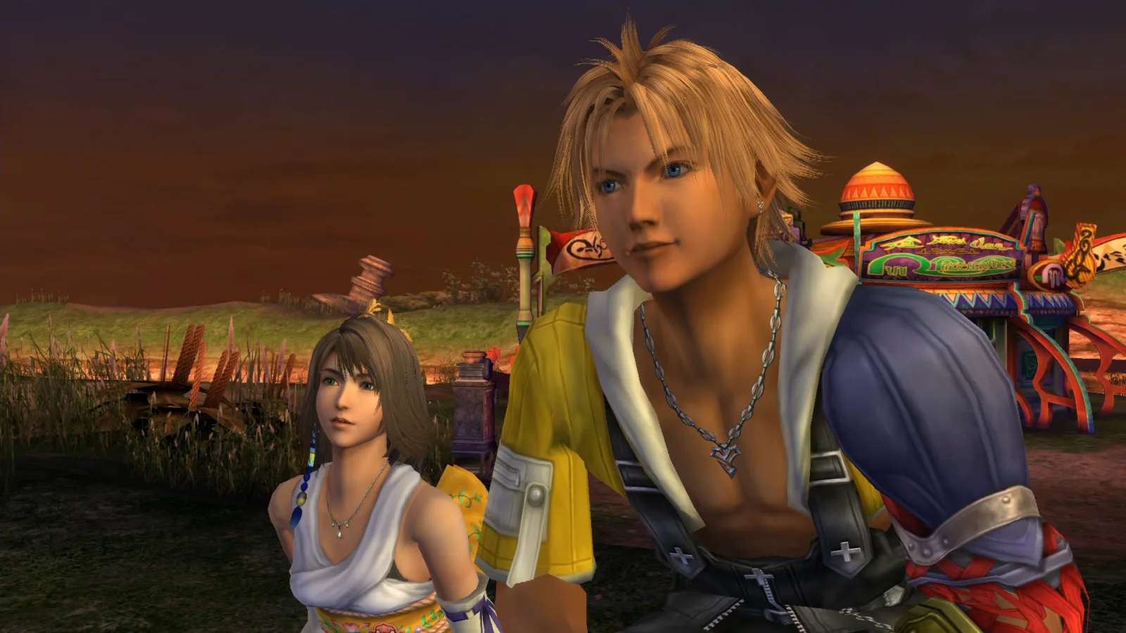 Tidus aparece em primeiro plano ao lado de Yuna em uma paisagem de Spira durante o entardecer, com um veículo colorido ao fundo. A cena de Final Fantasy X/X-2 HD Remaster destaca os protagonistas em um momento calmo da jornada.