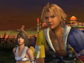 Tidus aparece em primeiro plano ao lado de Yuna em uma paisagem de Spira durante o entardecer, com um veículo colorido ao fundo. A cena de Final Fantasy X/X-2 HD Remaster destaca os protagonistas em um momento calmo da jornada.