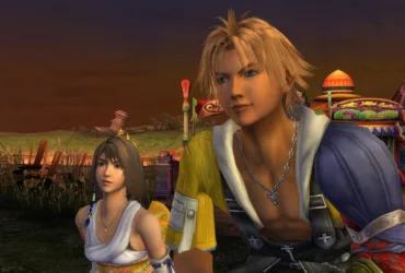 Tidus aparece em primeiro plano ao lado de Yuna em uma paisagem de Spira durante o entardecer, com um veículo colorido ao fundo. A cena de Final Fantasy X/X-2 HD Remaster destaca os protagonistas em um momento calmo da jornada.
