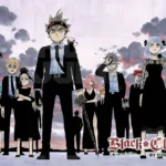 Integrantes dos Touros Negros, de Black Clover, reunidos em trajes formais, com Asta ao centro, representando o vínculo de amizade e família encontrada entre os Cavaleiros Mágicos.