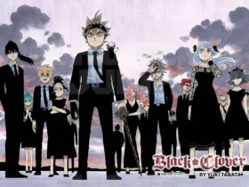 Integrantes dos Touros Negros, de Black Clover, reunidos em trajes formais, com Asta ao centro, representando o vínculo de amizade e família encontrada entre os Cavaleiros Mágicos.