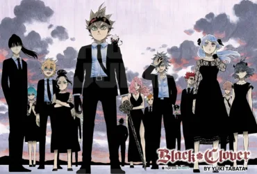 Integrantes dos Touros Negros, de Black Clover, reunidos em trajes formais, com Asta ao centro, representando o vínculo de amizade e família encontrada entre os Cavaleiros Mágicos.
