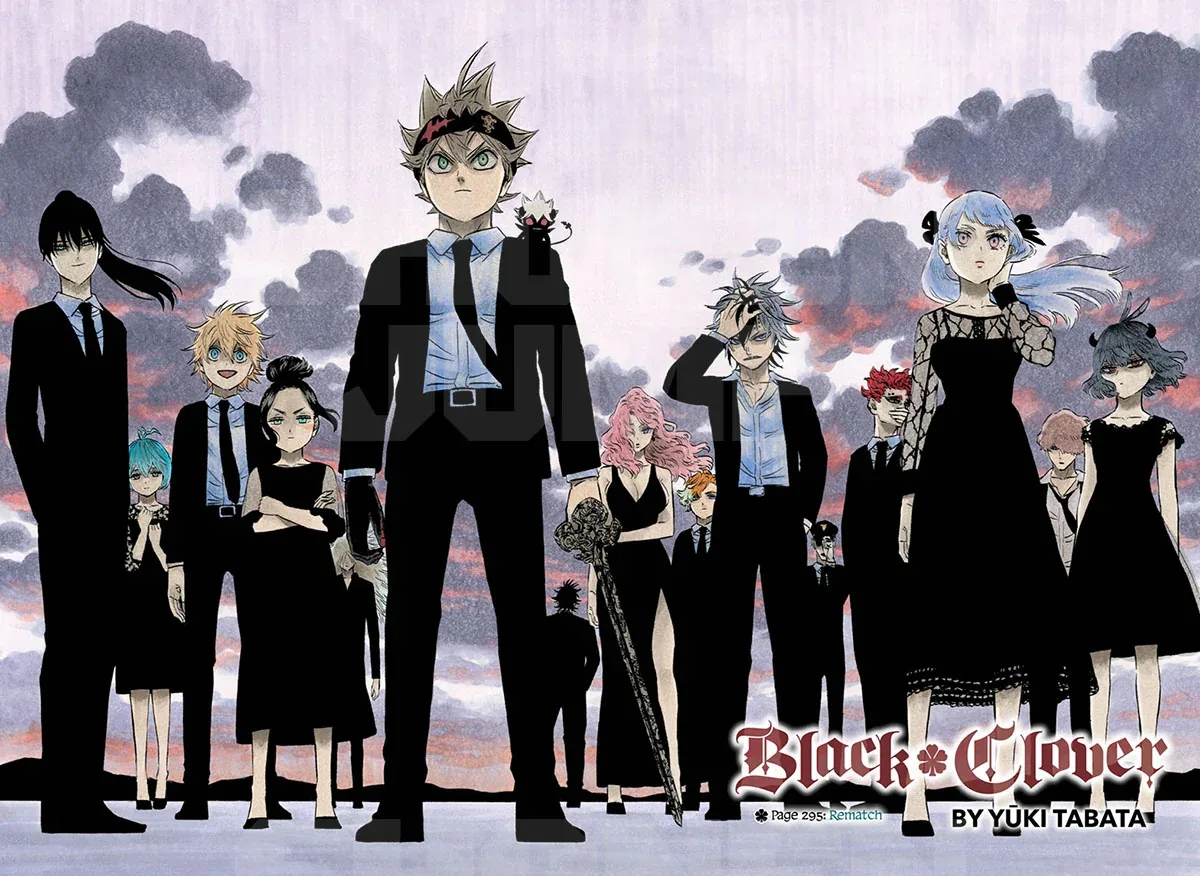 Integrantes dos Touros Negros, de Black Clover, reunidos em trajes formais, com Asta ao centro, representando o vínculo de amizade e família encontrada entre os Cavaleiros Mágicos.