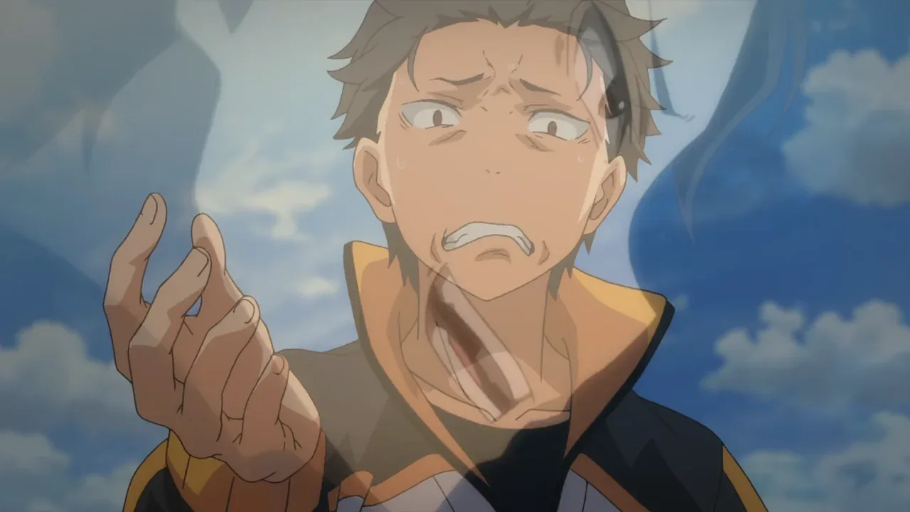 Subaru Natsuki, protagonista de Re:Zero, aparece em primeiro plano com olhar arregalado e desesperado. Sua expressão transmite exaustão, medo e a sensação de estar perto de desistir de tudo, reforçando o peso emocional das perdas e das tentativas fracassadas que enfrenta ao longo da história.